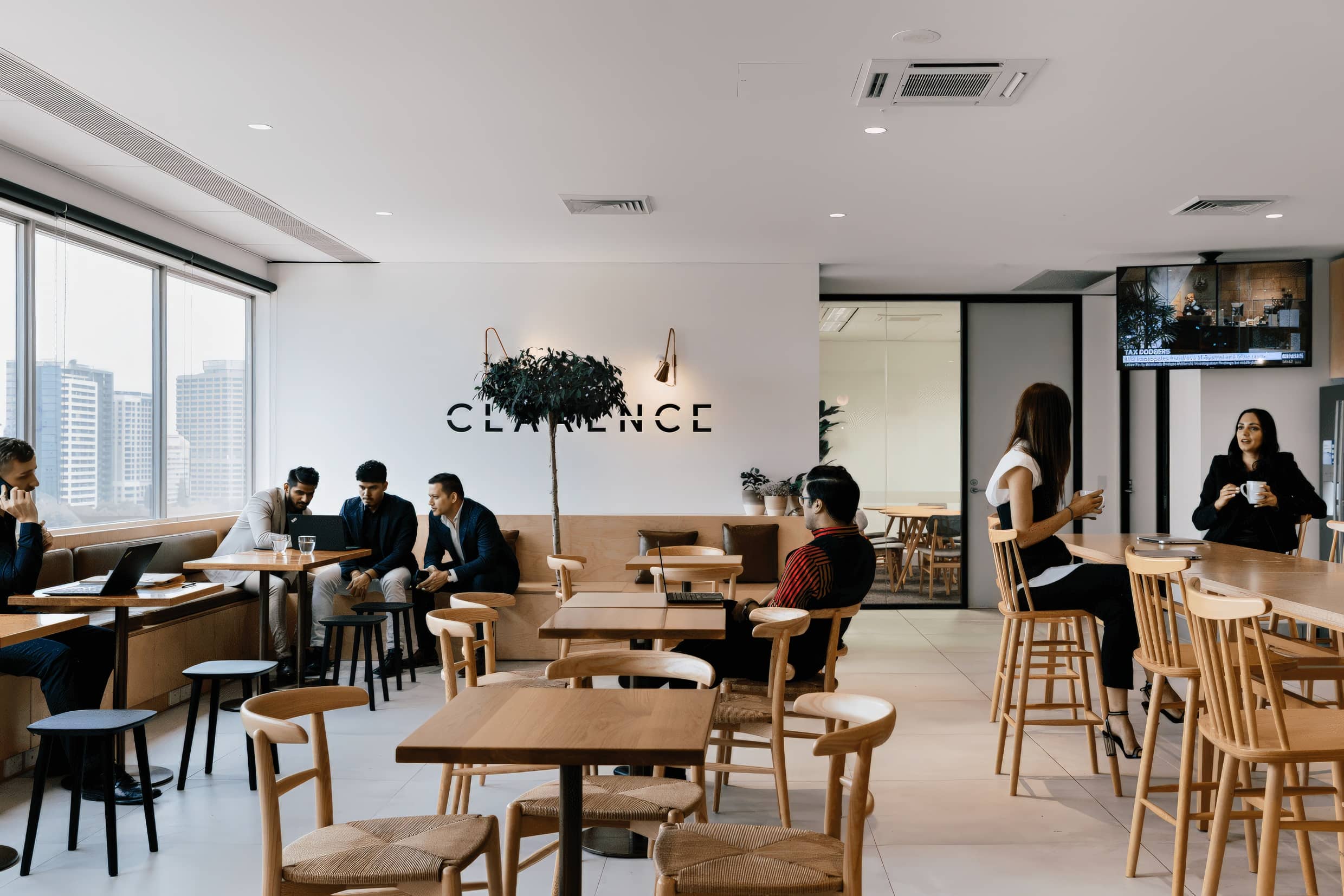 Members working and talking over coffee in the cafe at Clarence 111 Elizabeth Street, Sydney