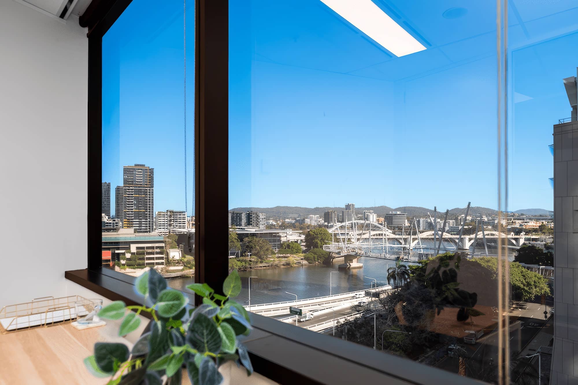 The Brisbane River, the city bridges and South Bank seen from an office window at 95 North Quay