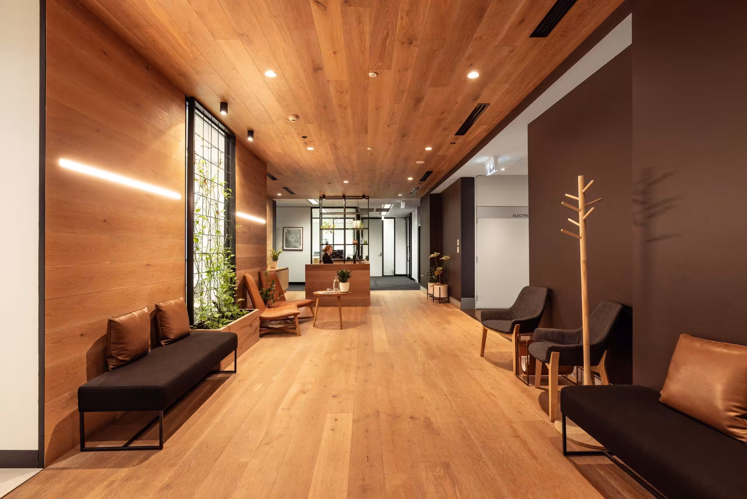 The timber-lined breakout corridor at 111 Elizabeth Street, Sydney