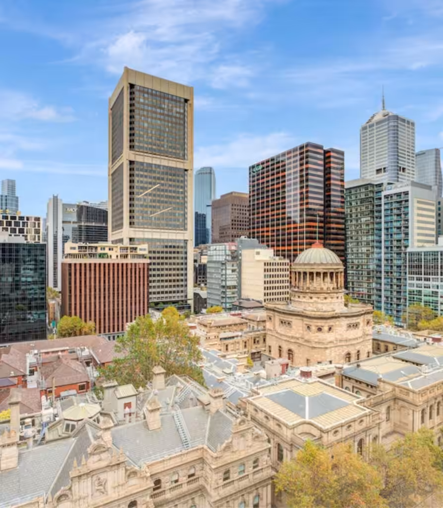 The Melbourne CBD and the domed Supreme Court of Victoria seen from Clarence at 456 Lonsdale Street