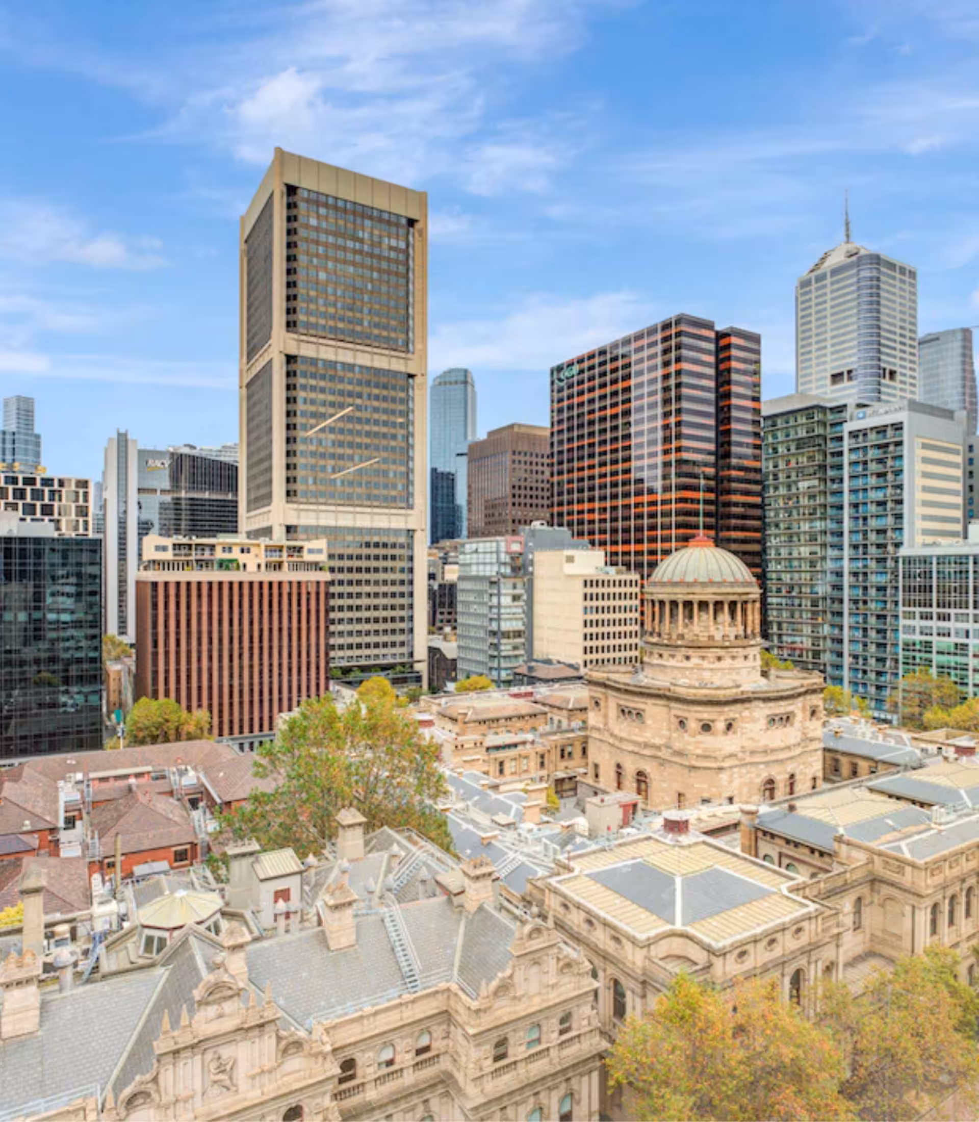 The Melbourne CBD and the domed courts building seen from Clarence at 456 Lonsdale Street