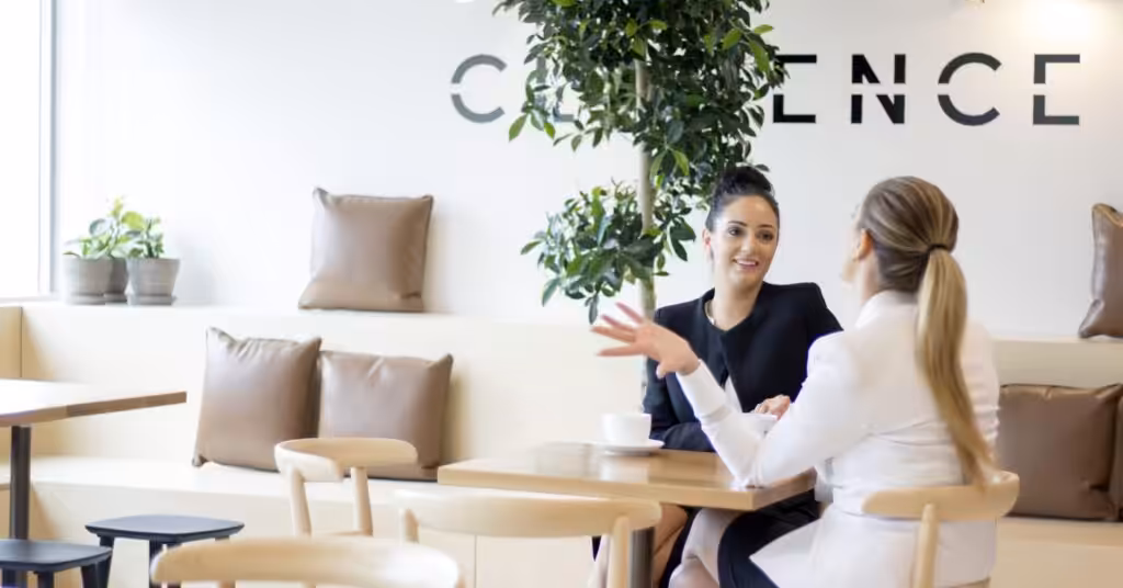 Two lawyers talking over coffee in the members cafe at Clarence, 111 Elizabeth Street, Sydney